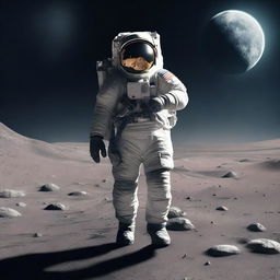 An astronaut strolling confidently on the barren moon surface, securely holding a sleek gun in his hand.