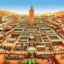 Generate an intricate, cartoon depiction of Marrakesh, Morocco, showcasing its unique elements like the bustling Jemaa el-Fnaa square and the ornate Bahia Palace.