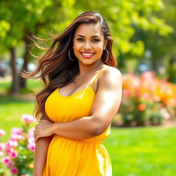 A beautifully curvy woman confidently posing in a vibrant summer dress that accentuates her figure