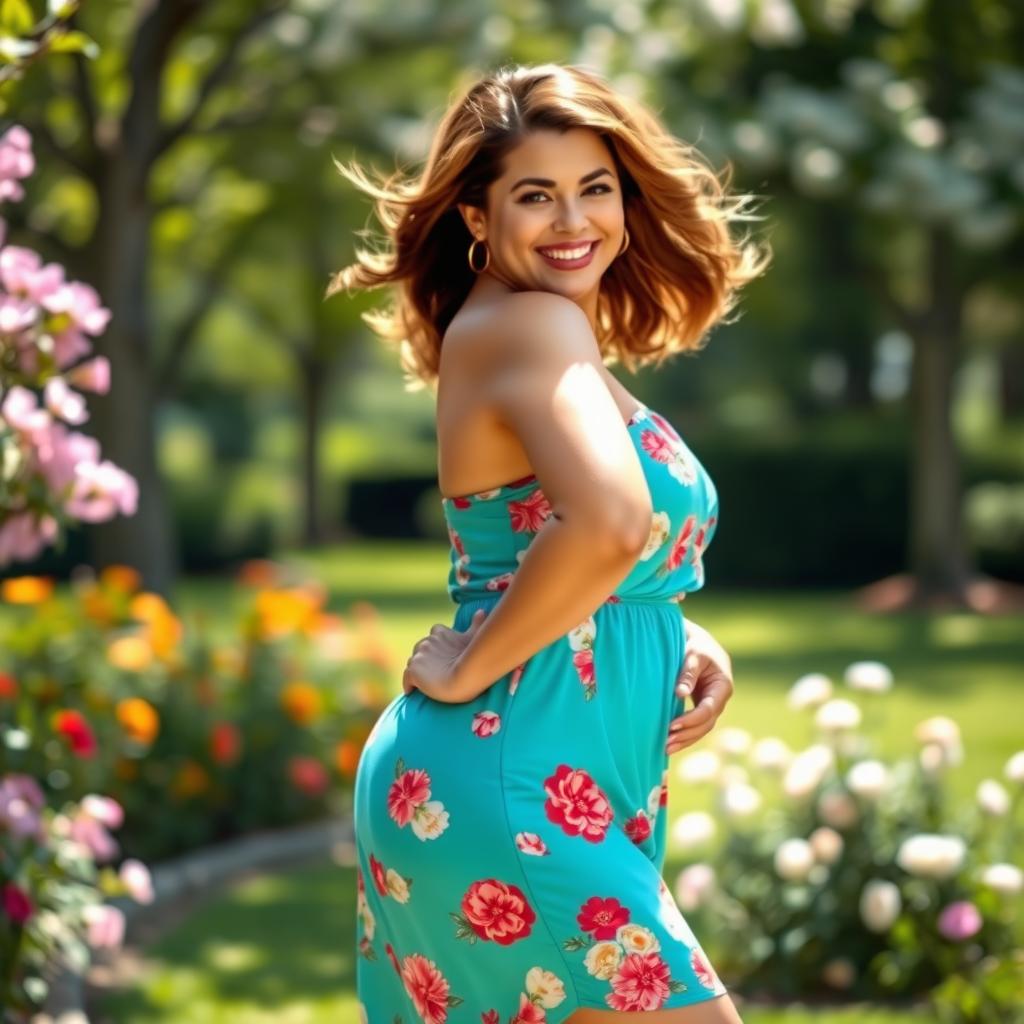 A beautifully curvy woman confidently posing in a vibrant summer dress that accentuates her figure