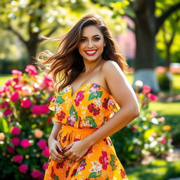 A beautifully curvy woman confidently posing in a vibrant summer dress that accentuates her figure