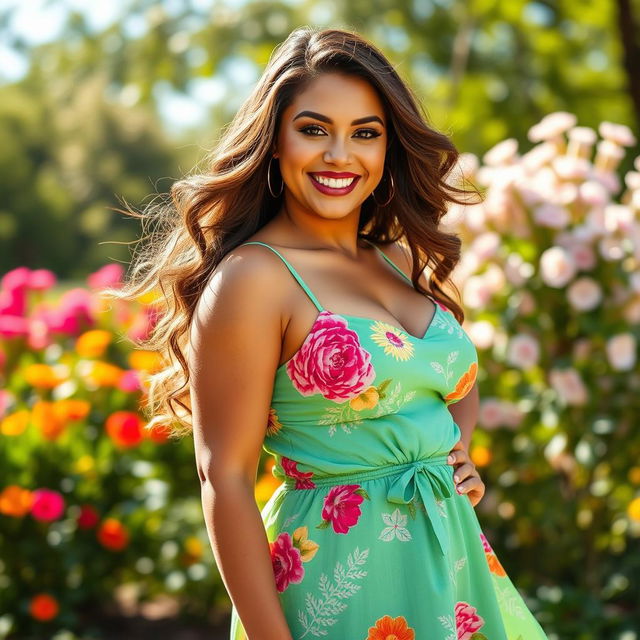 A beautifully curvy woman confidently posing in a vibrant summer dress that accentuates her figure