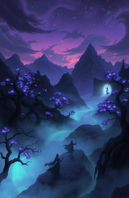 An ethereal landscape of 'Seefira', the realm of shadows, where mystical creatures roam