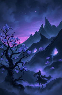 An ethereal landscape of 'Seefira', the realm of shadows, where mystical creatures roam