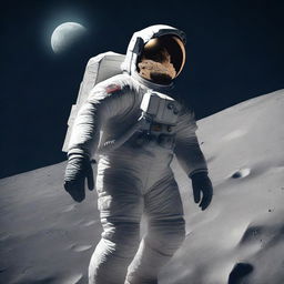 An astronaut strolling confidently on the barren moon surface, securely holding a sleek gun in his hand.