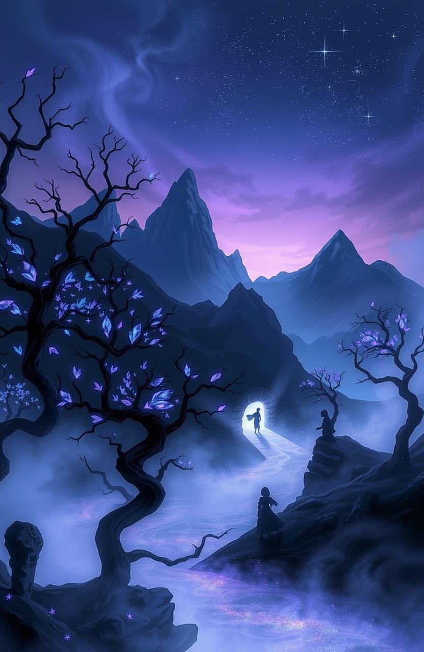 An ethereal landscape of 'Seefira', the realm of shadows, where mystical creatures roam