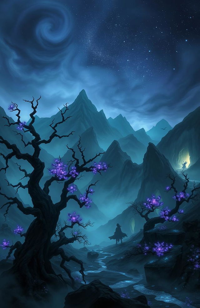 An ethereal landscape of 'Seefira', the realm of shadows, where mystical creatures roam