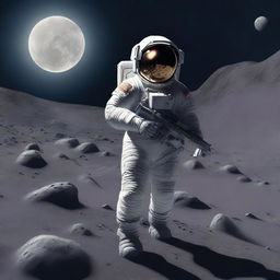 An astronaut strolling confidently on the barren moon surface, securely holding a sleek gun in his hand.