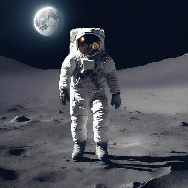 An astronaut strolling confidently on the barren moon surface, securely holding a sleek gun in his hand.