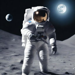 A hyper-realistic image of an astronaut pacing on the moon's surface, clutching a detailed and realistic gun in hand.