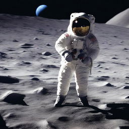 A hyper-realistic image of an astronaut pacing on the moon's surface, clutching a detailed and realistic gun in hand.