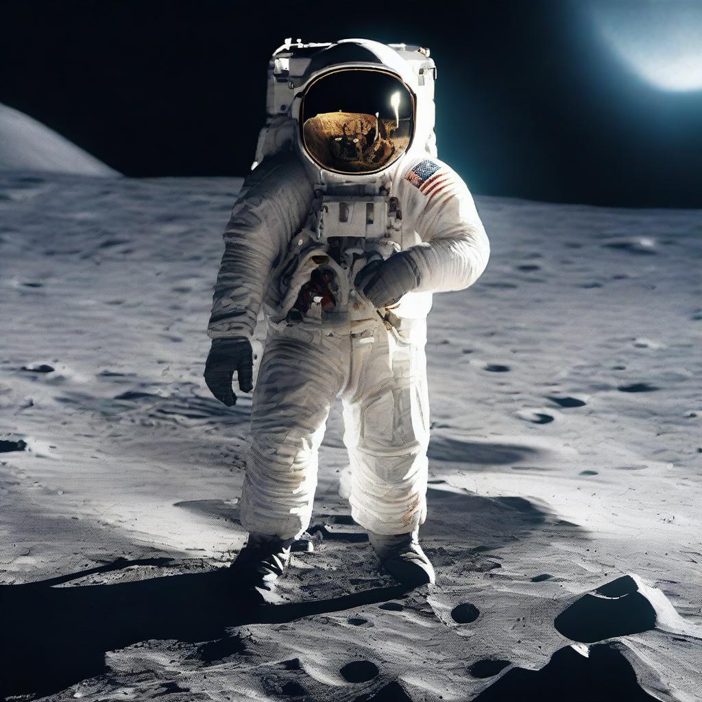 A hyper-realistic image of an astronaut pacing on the moon's surface, clutching a detailed and realistic gun in hand.