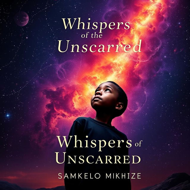 A striking book cover design for 'Whispers of the Unscarred' by Samkelo Mkhize