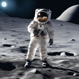 A hyper-realistic image of an astronaut pacing on the moon's surface, clutching a detailed and realistic gun in hand.