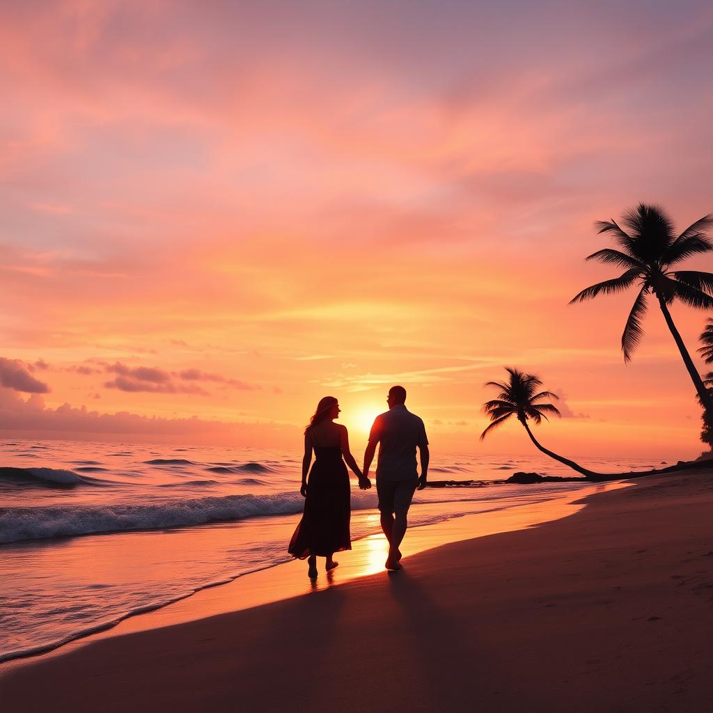 A romantic sunset on a serene beach, with a couple in silhouette walking hand-in-hand along the shoreline