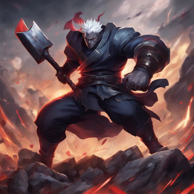 Sion from League of Legends in a powerful stance, wielding his massive axe, set against a battlefield in the style of Jujutsu Kaisen