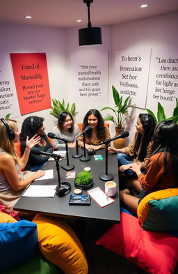 A vibrant and welcoming podcast studio setting where a diverse group of individuals is engaged in a lively discussion