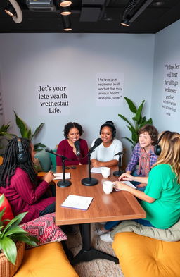 A vibrant and welcoming podcast studio setting where a diverse group of individuals is engaged in a lively discussion