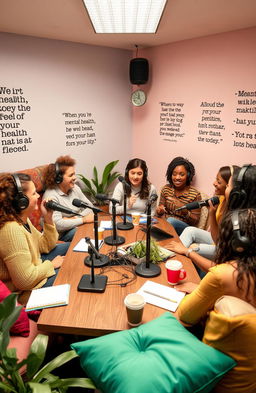 A vibrant and welcoming podcast studio setting where a diverse group of individuals is engaged in a lively discussion