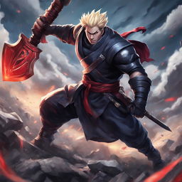 Sion from League of Legends in a powerful stance, wielding his massive axe, set against a battlefield in the style of Jujutsu Kaisen