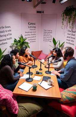 A vibrant and welcoming podcast studio setting where a diverse group of individuals is engaged in a lively discussion