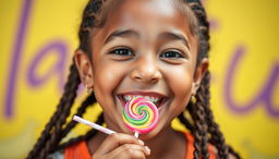 A cute young woman with braided hair, playfully enjoying a colorful lollipop