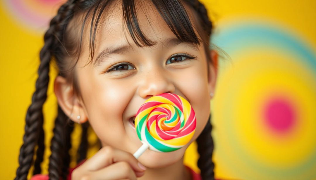 A cute young woman with braided hair, playfully enjoying a colorful lollipop