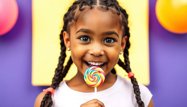 A cute young woman with braided hair, playfully enjoying a colorful lollipop