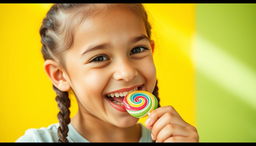 A cute young woman with braided hair, playfully enjoying a colorful lollipop