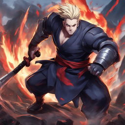 Sion from League of Legends in a powerful stance, wielding his massive axe, set against a battlefield in the style of Jujutsu Kaisen