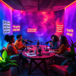A vibrant and inviting podcast studio infused with the colors of a dying star, featuring a diverse group of individuals engaged in heartfelt conversation