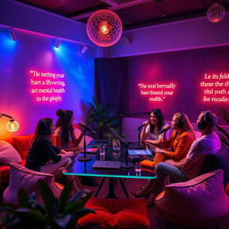 A vibrant and inviting podcast studio infused with the colors of a dying star, featuring a diverse group of individuals engaged in heartfelt conversation