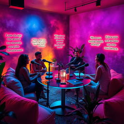 A vibrant and inviting podcast studio infused with the colors of a dying star, featuring a diverse group of individuals engaged in heartfelt conversation