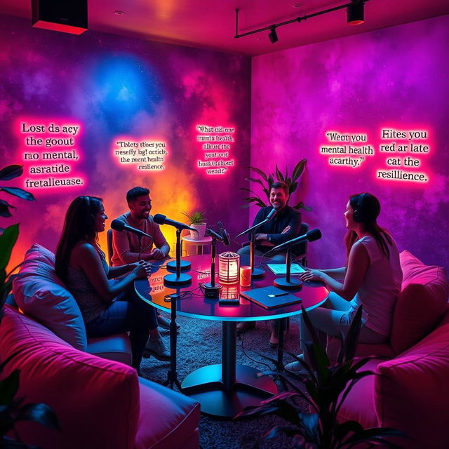 A vibrant and inviting podcast studio infused with the colors of a dying star, featuring a diverse group of individuals engaged in heartfelt conversation