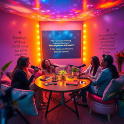 A vibrant and inviting podcast studio infused with the colors of a dying star, featuring a diverse group of individuals engaged in heartfelt conversation
