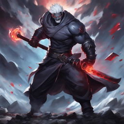 Sion from League of Legends in a powerful stance, wielding his massive axe, set against a battlefield in the style of Jujutsu Kaisen