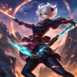 Kai'Sa from League of Legends in a dynamic pose, her plasma-charged weapons ready, set against a Void-infested landscape in the style of Jujutsu Kaisen