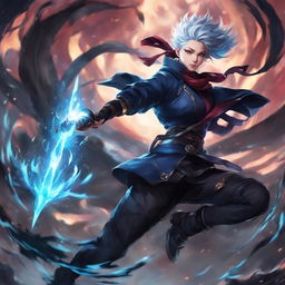 Kai'Sa from League of Legends in a dynamic pose, her plasma-charged weapons ready, set against a Void-infested landscape in the style of Jujutsu Kaisen