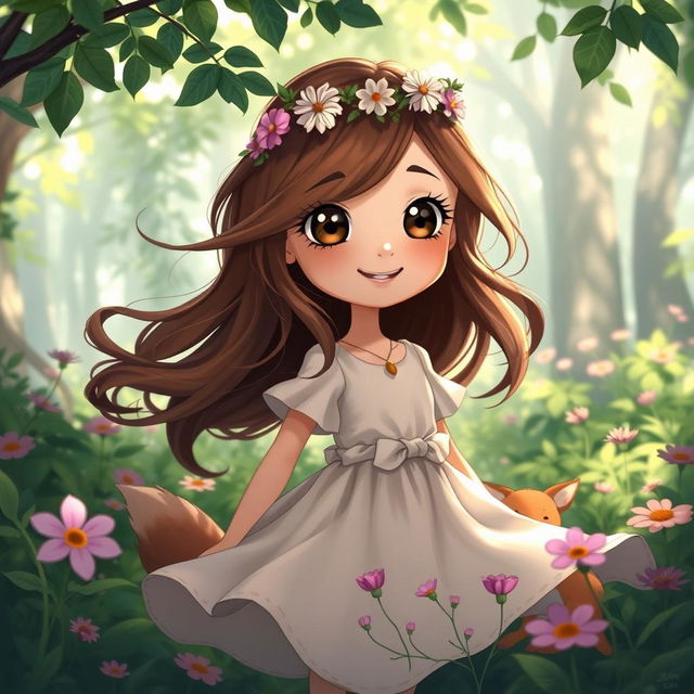 A whimsical, Ghibli-inspired female character with large, expressive eyes and flowing brown hair adorned with a delicate flower crown