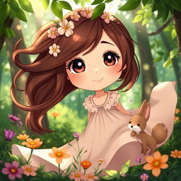 A whimsical, Ghibli-inspired female character with large, expressive eyes and flowing brown hair adorned with a delicate flower crown