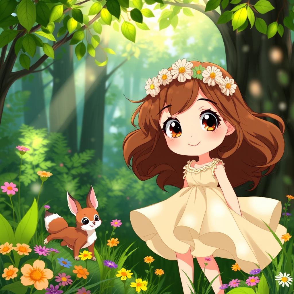 A whimsical, Ghibli-inspired female character with large, expressive eyes and flowing brown hair adorned with a delicate flower crown