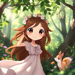 A whimsical, Ghibli-inspired female character with large, expressive eyes and flowing brown hair adorned with a delicate flower crown