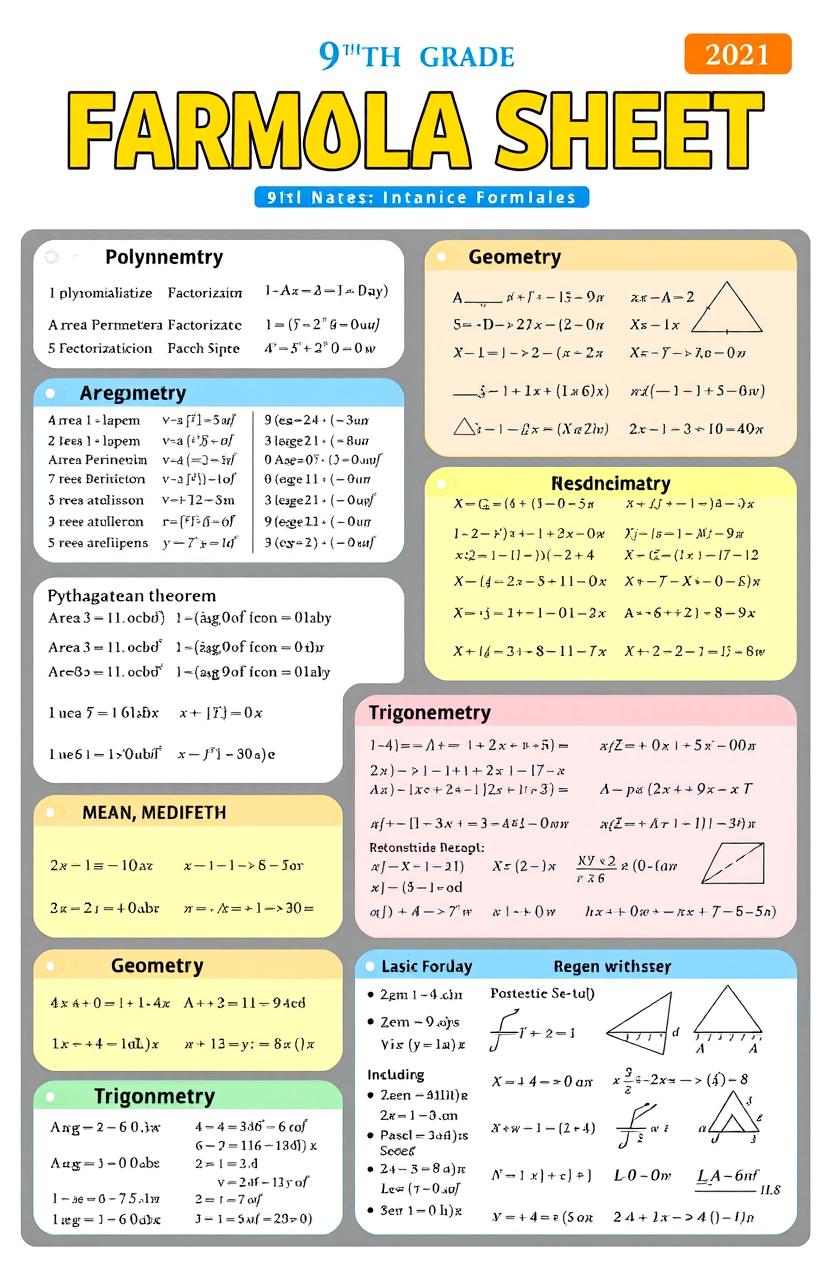 A comprehensive and visually appealing formula sheet for 9th grade mathematics, designed with a clean layout and organized sections