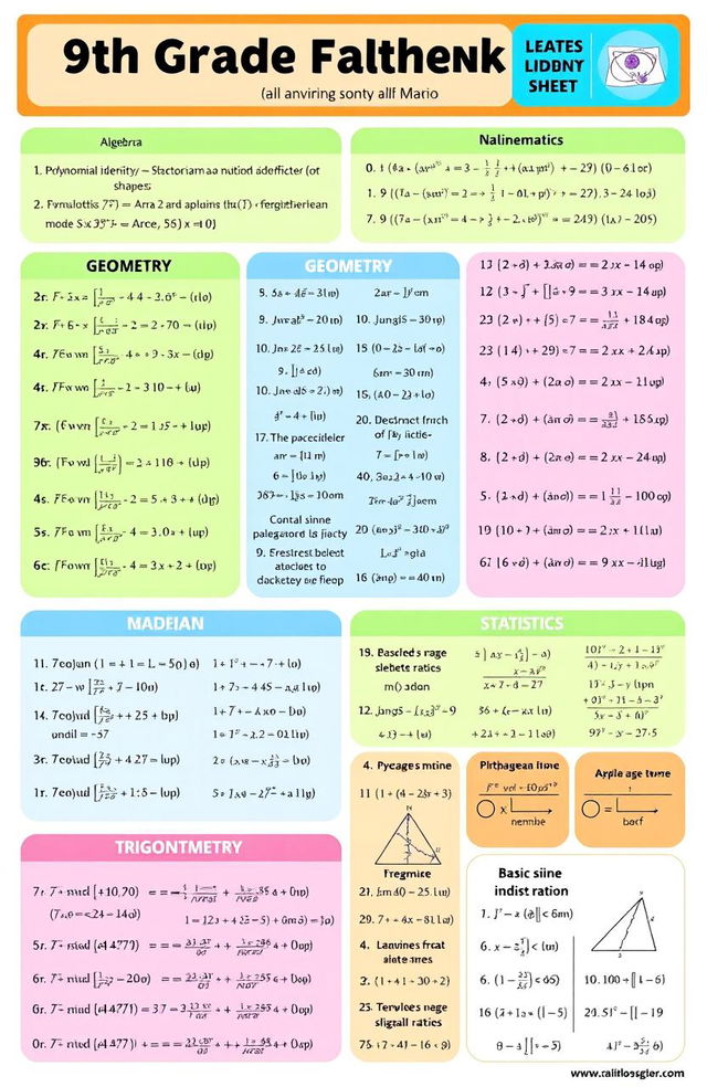 A comprehensive and visually appealing formula sheet for 9th grade mathematics, designed with a clean layout and organized sections