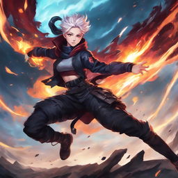 Kai'Sa from League of Legends in a dynamic pose, her plasma-charged weapons ready, set against a Void-infested landscape in the style of Jujutsu Kaisen