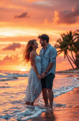 A romantic scene depicting a heartwarming love story between two adults in a vibrant sunset at a beach