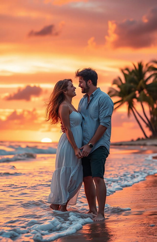 A romantic scene depicting a heartwarming love story between two adults in a vibrant sunset at a beach