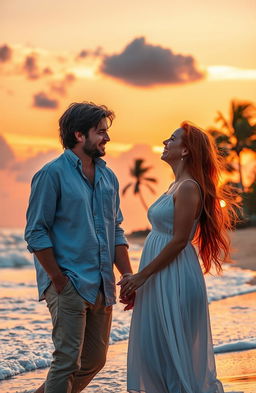 A romantic scene depicting a heartwarming love story between two adults in a vibrant sunset at a beach