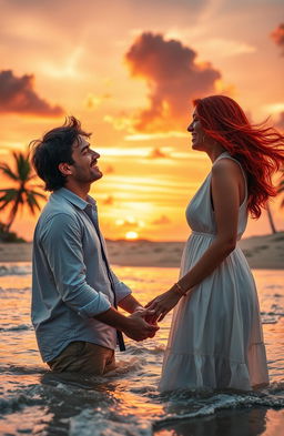 A romantic scene depicting a heartwarming love story between two adults in a vibrant sunset at a beach