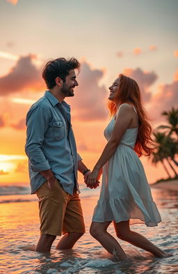A romantic scene depicting a heartwarming love story between two adults in a vibrant sunset at a beach
